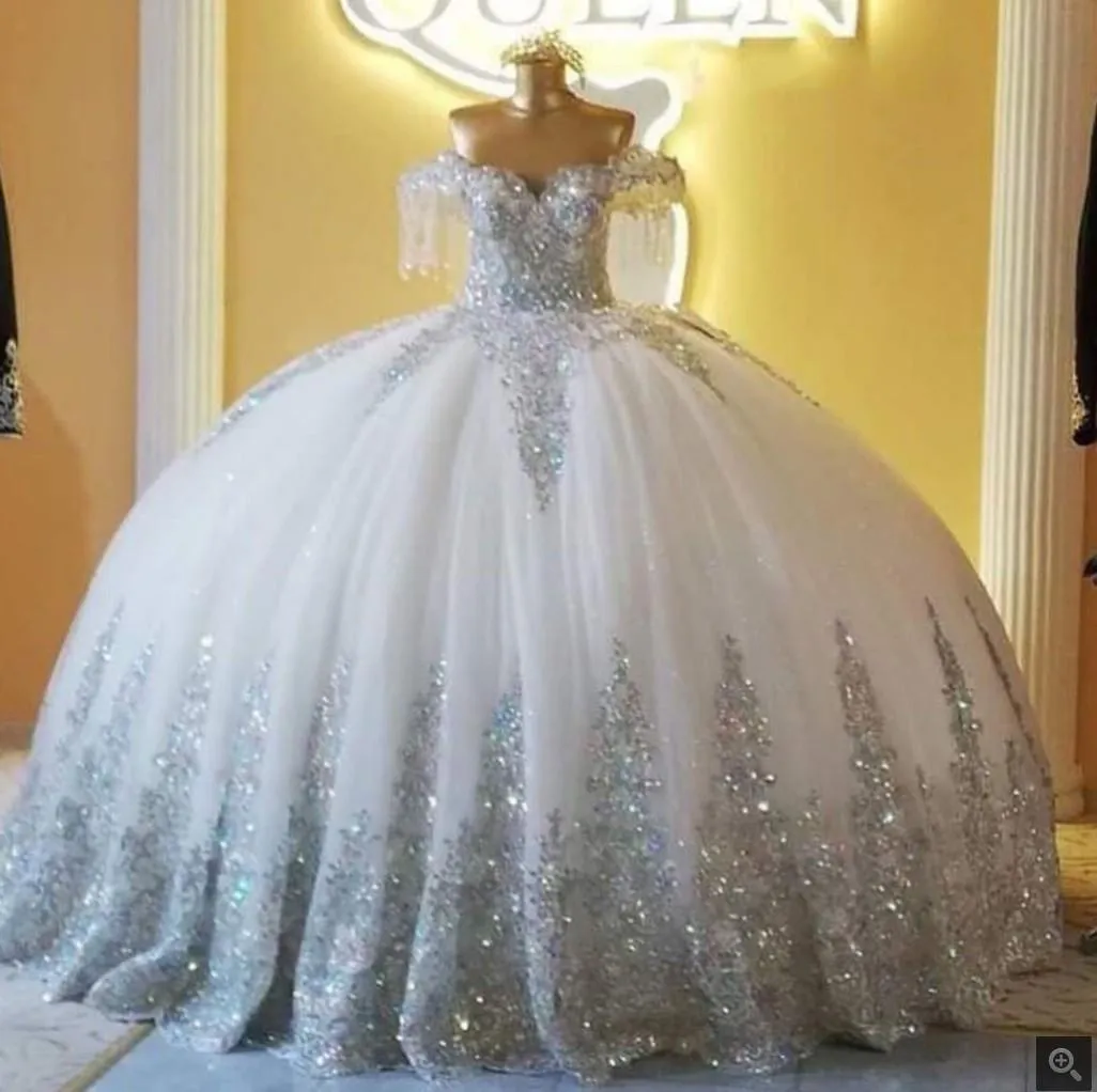 Silver Off Shoulder Sparkly Ballgown Wedding Dress With Lace