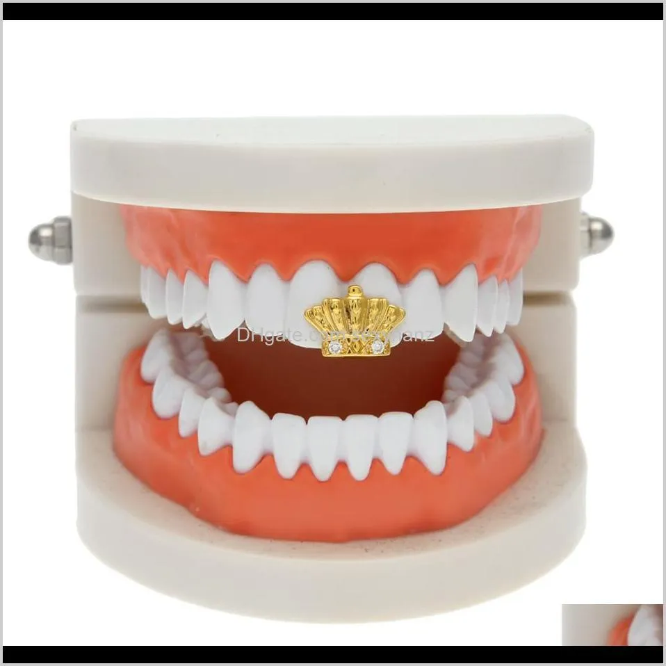 Grillz, Dental Grills Vücut Damlası Teslimatı 2021 Sier Altın Kaplama Kaçak Kristal Hip Hop Tek Diş Grillz Cap üst alt ızgara Cadılar Bayramı