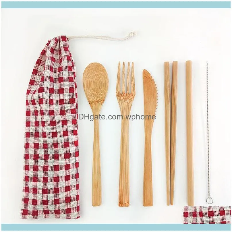 Flatware Sets 6pcs Reusable Bamboo Wood Cutlery Set Eco-Friendly Travel Wooden Natural Cotton Tableware1