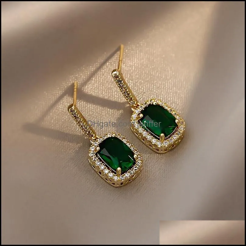 Dangle & Chandelier Luxury Exquisite Geometric Green Crystal Pendant Earrings For Woman Korean Fashion Jewelry Wedding Party Girl`s