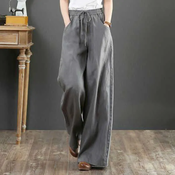 Fashion Summer Pants Plus Size 3XL Women Casual Solid Cotton Linen Pockets  Loose Drawstring Elastic Waist Long Wide Leg Trousers 210526 From 12,7 €