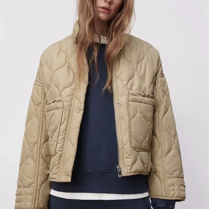 pring ladies za stand collar loose drawstring design lightweight cotton jacket short 211018