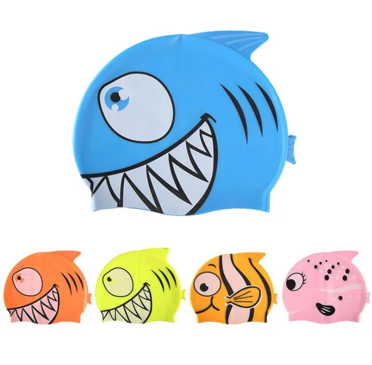 Children Cartoon Swimming Caps Silicone Diving Waterproof Swim Hat Kids Girl Boy Favor Bathing Cap With Fish Shark Pattern