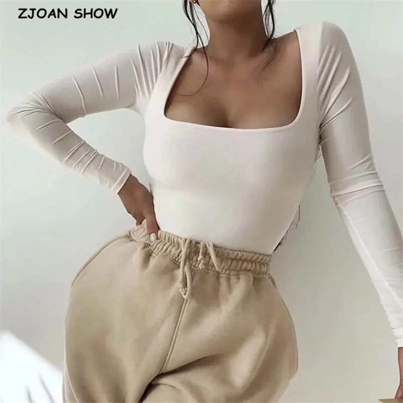 90's Vintage Düz Renk Kare Yaka Uzun Kollu Tulum Kadın Streç Kısa Tulum Slim Fit Sıska Bodysuits Tüp Tops 210429