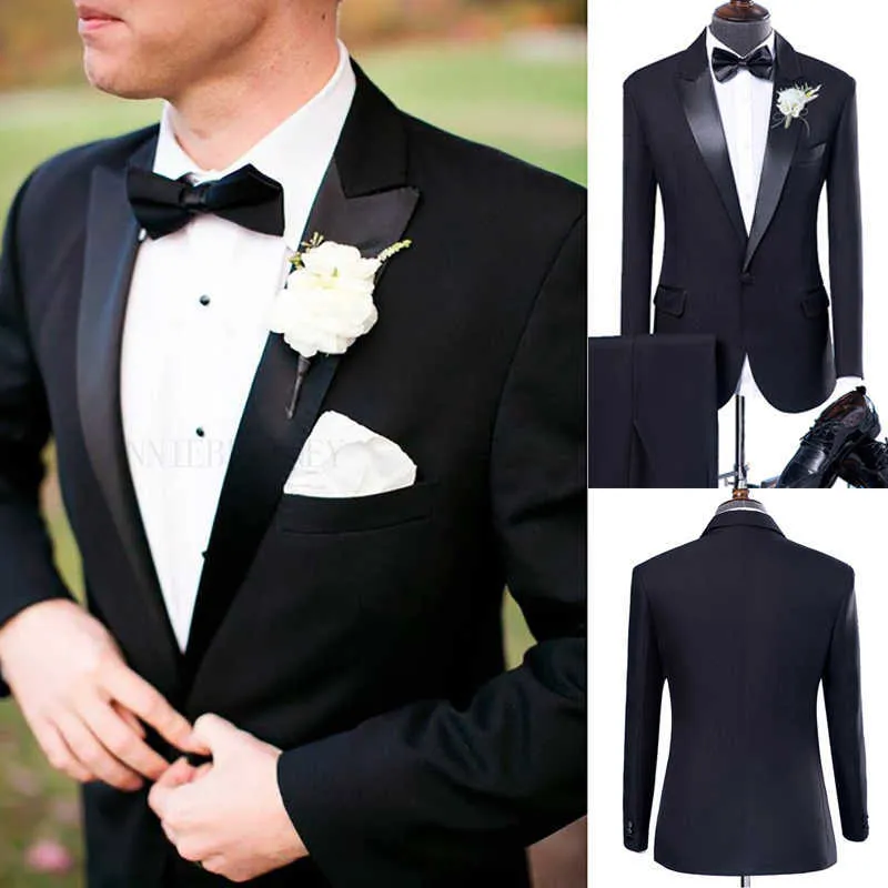 2020 Marque Noir Hommes Costumes Classique Marié Costume De Mariage 2 Pièces Ensemble Formel Bal Dîner Blazer Robe Tuxedo Slim Fit Veste Pantalon X0909