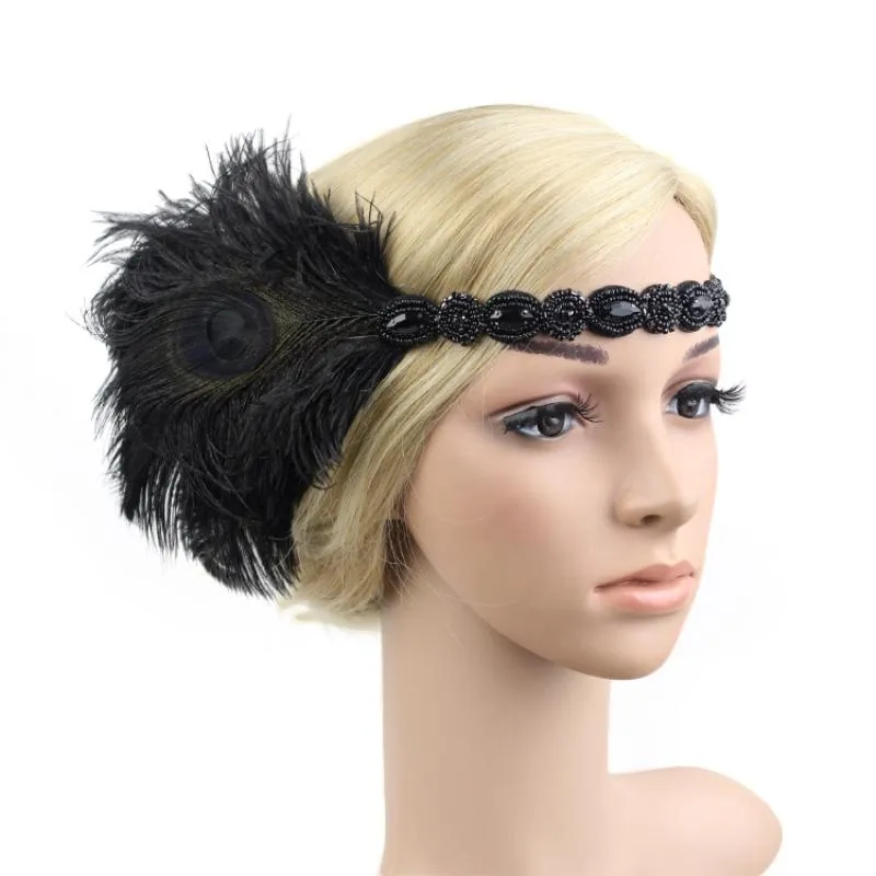Vintage Adult Hair Accessory Roaring 20s Great Gatsby Party Headpiece 1920s Flapper Girl Peacock Feather Headband Accessories