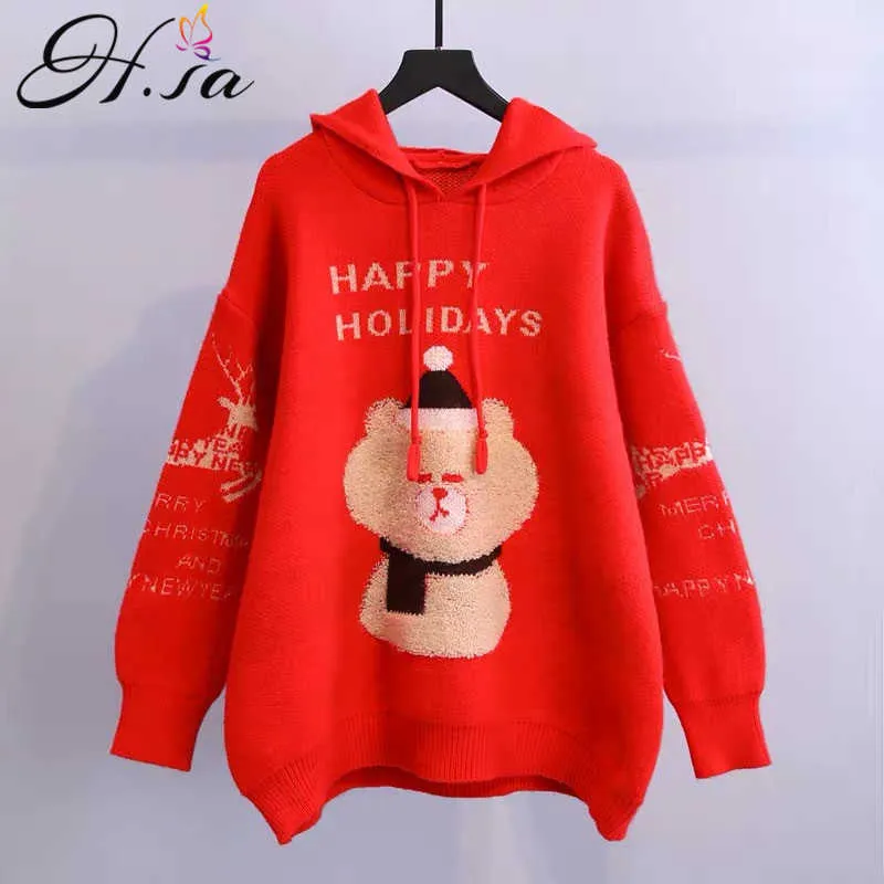 H.SA Oversized Sweater for Women Winter Sweater Pull Jumpers Cartoon Bear Pull Jumpers Christmas year's sweater 210716