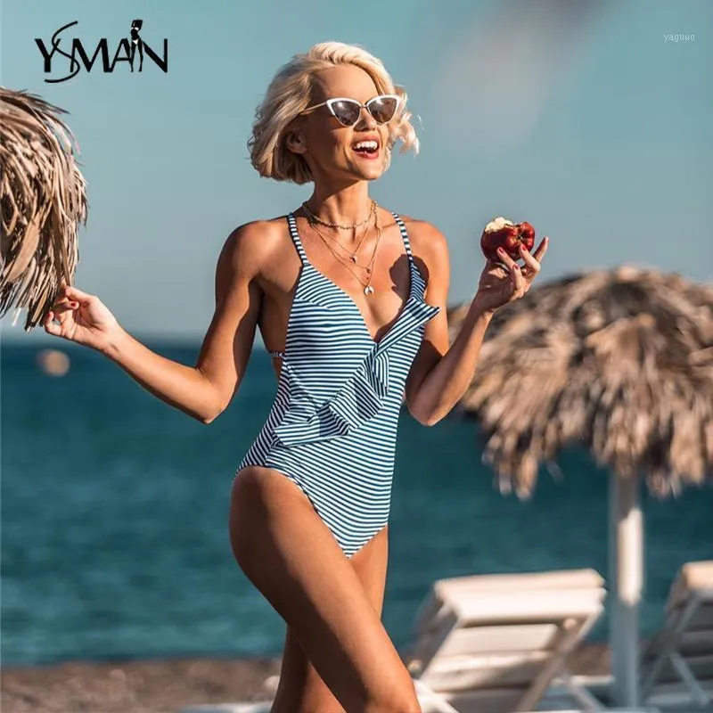 Swimwear feminino Yisiman Ruffled Listrado Bikinis 2021 Mujer Monokini V-Neck Sexy Swimsuit Uma peça Terno de banho Push Up Imprimir Mulheres