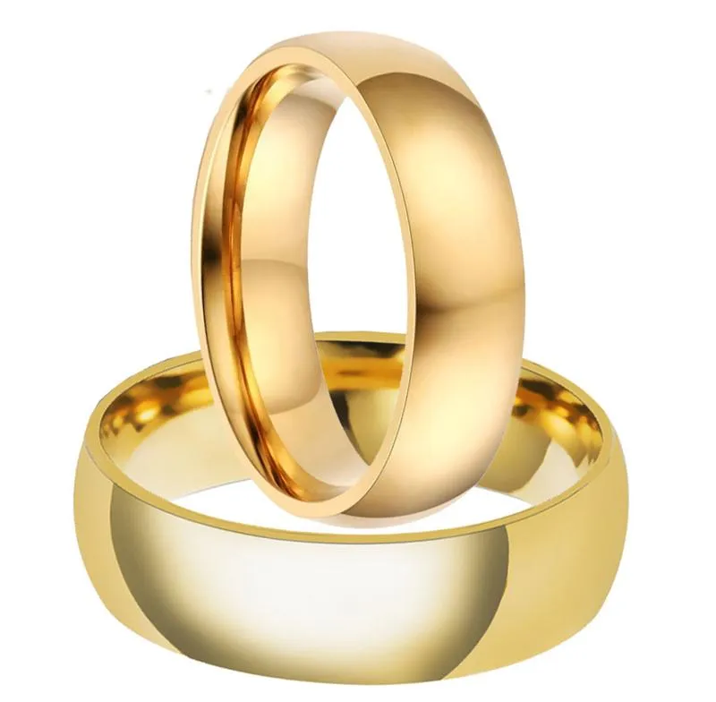 Bröllopsringar 6mm/8mm Brasilien Simple 316L Titanium Steel IP Gold Filly Glossy Par Ring Engagement Set för kvinnor och män
