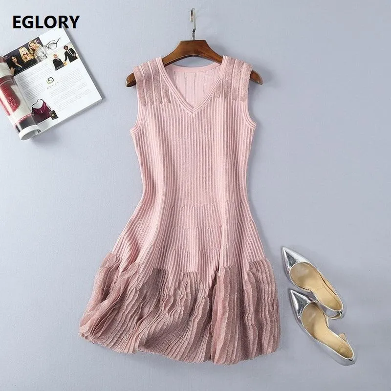 Spring Summer Fashion Dress Ladies Mesh Knitted Patchwork Sleeveless White Pink Tank Girls Sweater Slim Casual Dresses