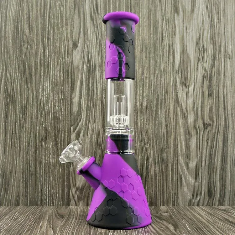 2021 Bongo Beaker Glass Bong Glass Water Bongs Recycler Percolador Petróleo Rigs Tigela 14.4mm Silicone Silicone Fumar Bubleu Cachorro Hookahs