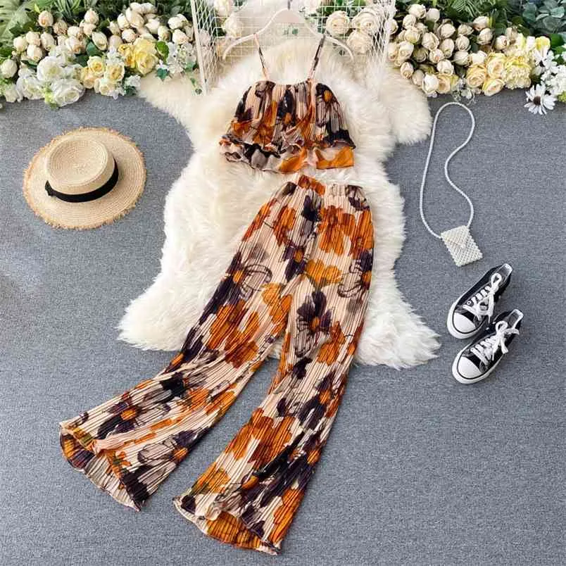 Women's Summer Sets Vacation Style Printed Short Camisole Pleated High-waist Wide-leg Pants Two-piece Casual LL956 210506