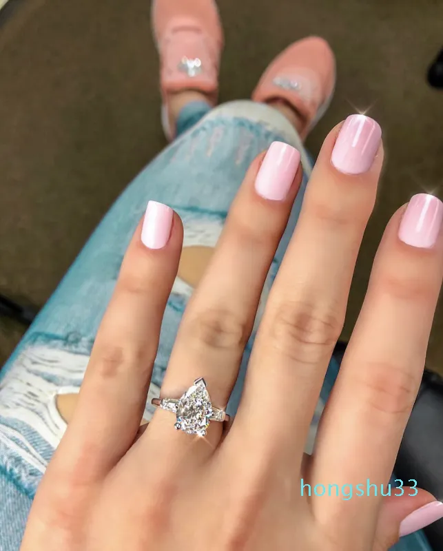 リアル925スターリングシルバーを作成しました女性のためのMoissaniteドロップリングの永遠の婚約梨形カットダイヤモンドリングフィンガージュエリー