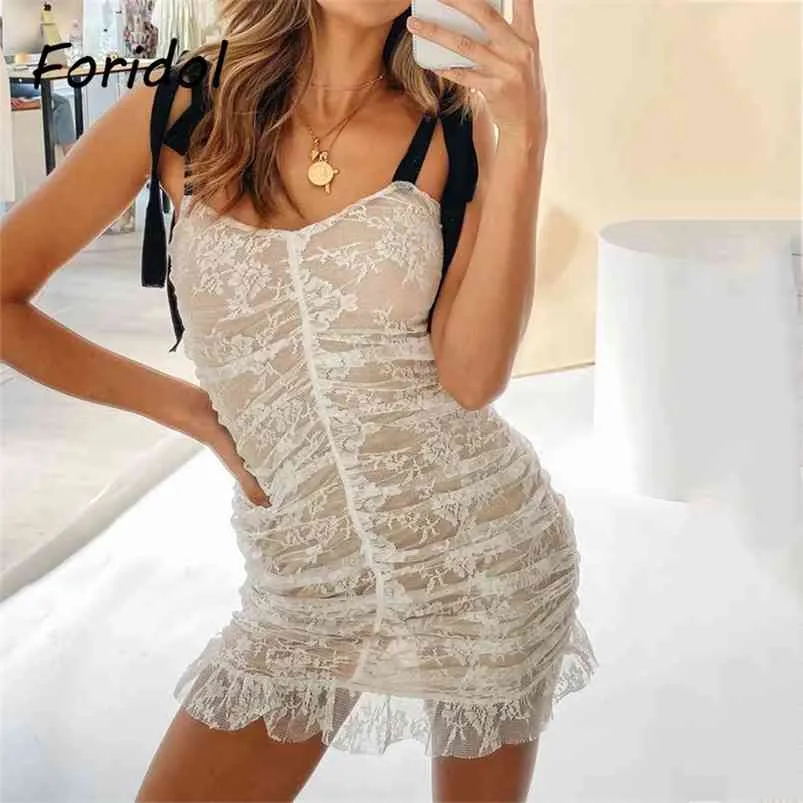 White Lace Summer Dress Spaghetti Strap Up Bodycon Mini Sexy Ruffle Short Beach Sundress Party Women 210427