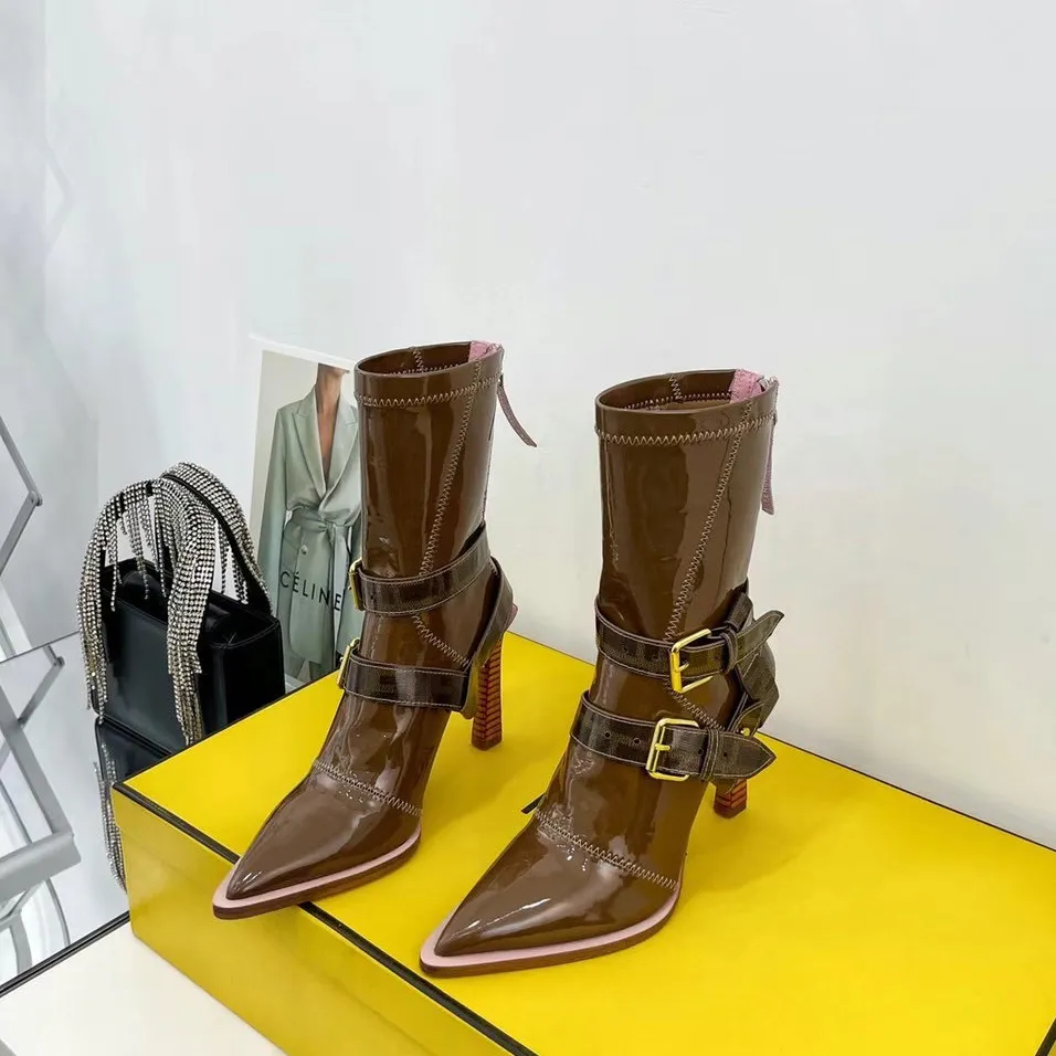 Brown Stretchy Neoprene Stiletto Heels Ankle Boots Patent Leather Back