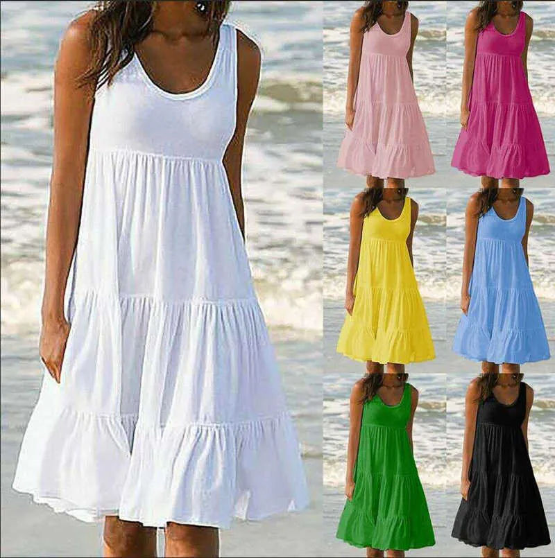 Sommar ny klänning vit klänning kvinnor mode avslappnad plusstorlek klänningar ärmlös fast färg lös strandklänning y1006