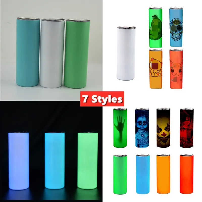 Sublimatie Rechte Tumbler 20oz Glow in the dark Blank Skinny Tumblers met Lichtgevende verf Vacuüm Geïsoleerde Warmteoverdracht Auto Mok 7 Stijlen