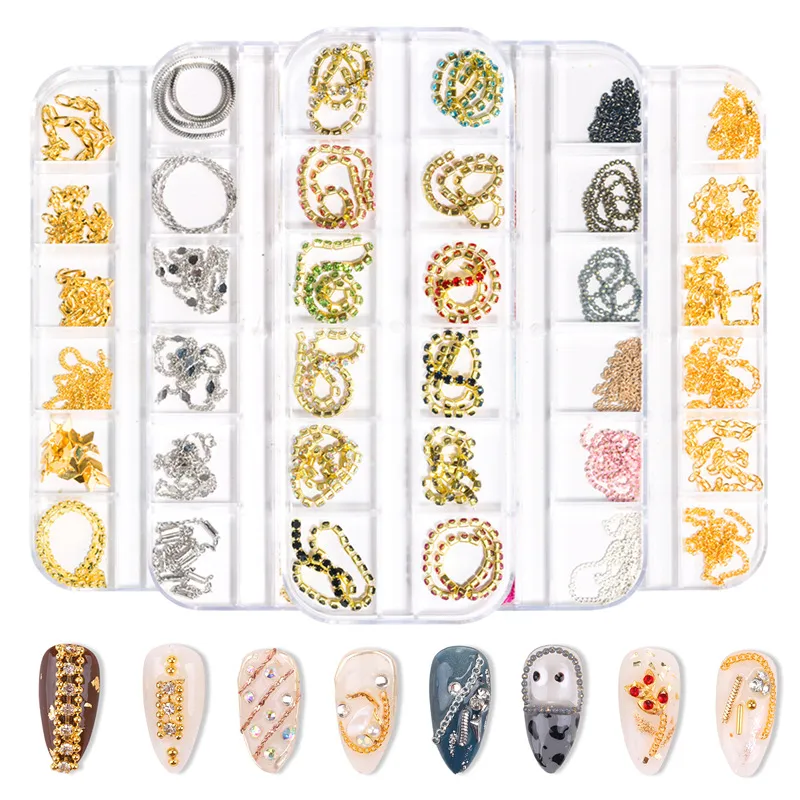 12Grids Gold Silver Mixte Nail Art Chaîne Jewerly Métal Chaînes pour Nails Charmnes Décorations 3D Studs Strass Strass Manucure Ornements