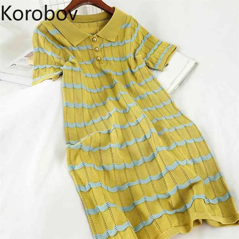 Korobov desliga a coleira manga curta pulôver vestido cintura alta quadril uma linha knit vestido xadrez patchwork temperamento ropa 2a937 210430