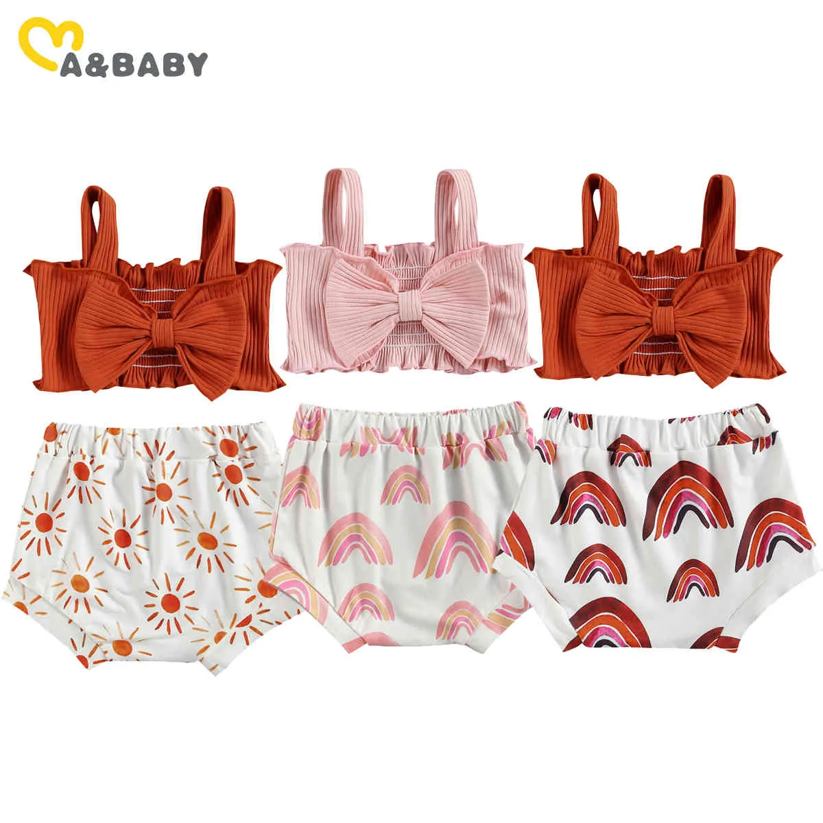 0-24m Lato Cute Baby Girl Ubrania Zestaw Niemowląt Born Brown Kniton Top Rainbow Sun Print Shorts Stroje 210515