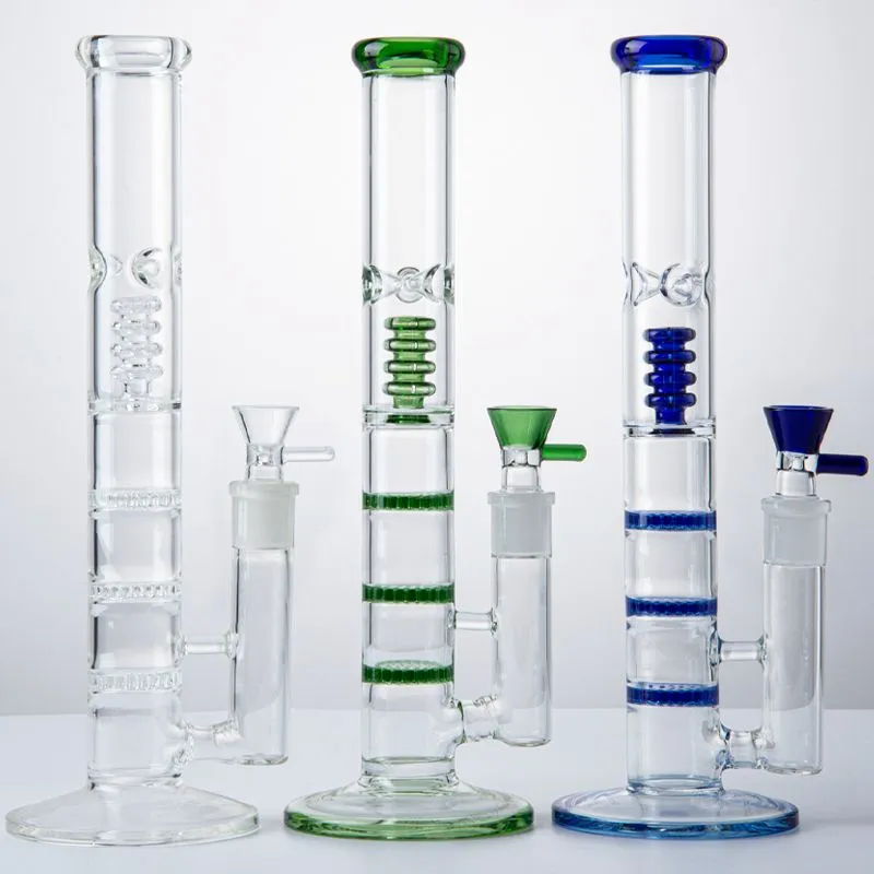 5mm d'épaisseur 12 pouces narguilés verre Bong triple nid d'abeille huile Dab plates-formes cage à oiseaux percolateur tube droit conduites d'eau 18mm joint femelle avec bol clair bleu vert