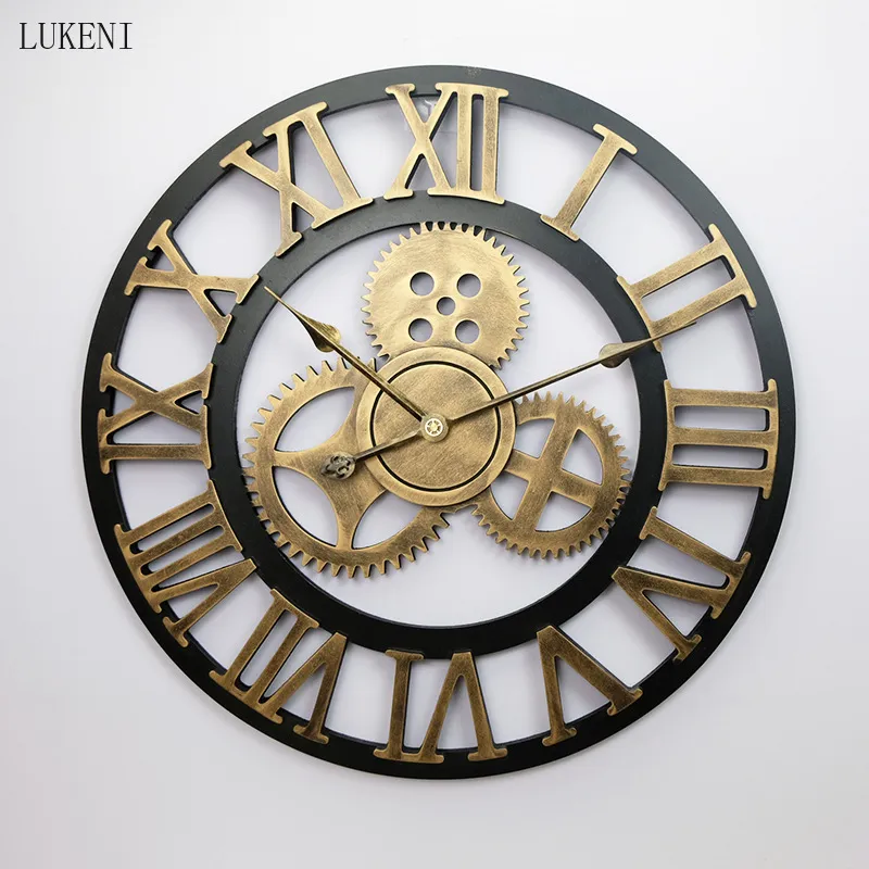 ホームアメリカンレトロな大型ラウンド60cmギアクリエイティブローマの装飾木製の壁掛け時計腕時計210414