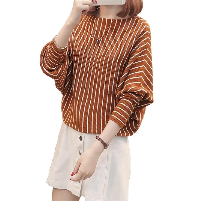 Kvinnor Casual O Neck Sweater Batwing Sleeve Striped Pullover Flat Strikkad Kvinna Lady Kläder för Kvinna 210427