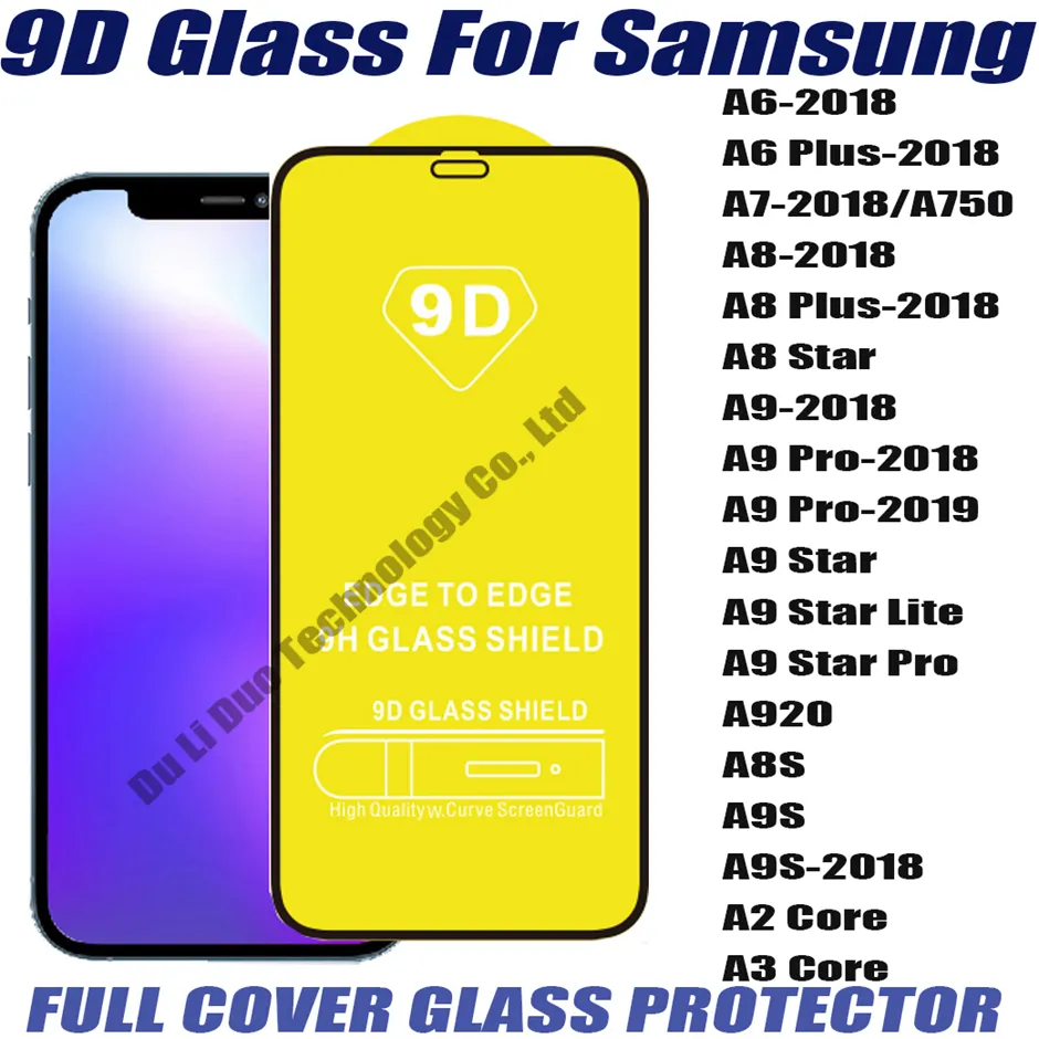 9D Full Cover Temperat Glass Telefon Skärmskydd för Samsung Galaxy A3 Core E02 A6 A7 A8 A9 Plus Satr Lite Pro 2018 A8S A9S A2
