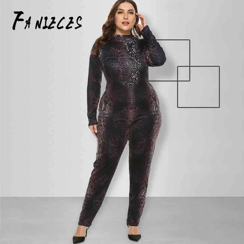 Plus Size 5xl Snake Padrão Imprimir Mulheres Jumpsuit Verão Outono Manga Longa Macacões Streetwear Night Party Club Macacões Playsuit 210520