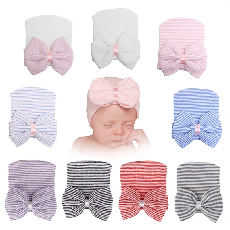 Baby meisjes streep boog hoed zuigeling peuter gebreide grote strik cap kids kind beanie bonnet pasgeboren hoofddeksels cadeau