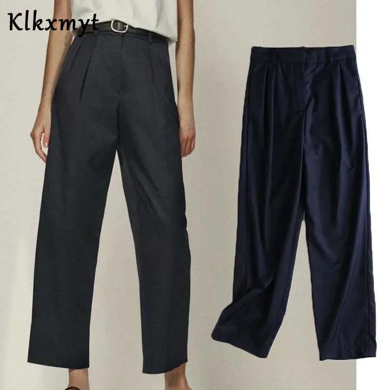 KLKXMYTの女性のズボン高地ビンテージウエストファッションフォールドスリムストレートズボンMUJER PANTALON FEMME 210527