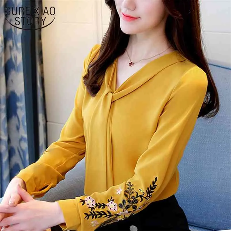 Long Sleeve Chiffon Women Blouse Shirt Print Fashion Woman Blouses Office Lady V-Neck Tie Knot Bouse 0547 30 210508