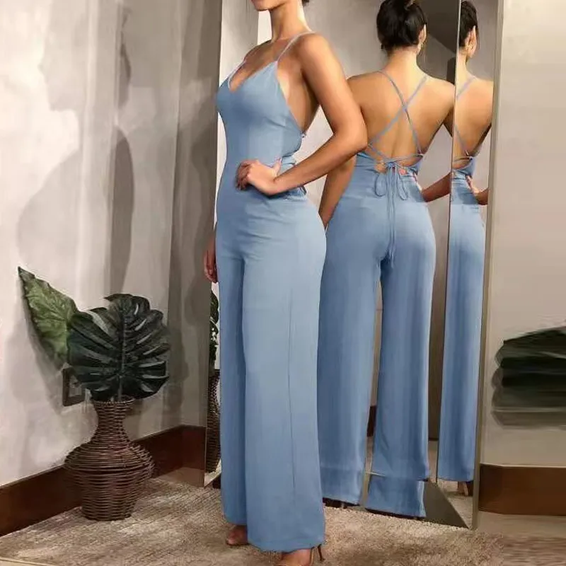 Kadınlar Katı Renk Uzun Tulumlar Kolsuz Derin V Yaka Backless Dantel-up Tulum Yaz Ofis Lady Romper 210521