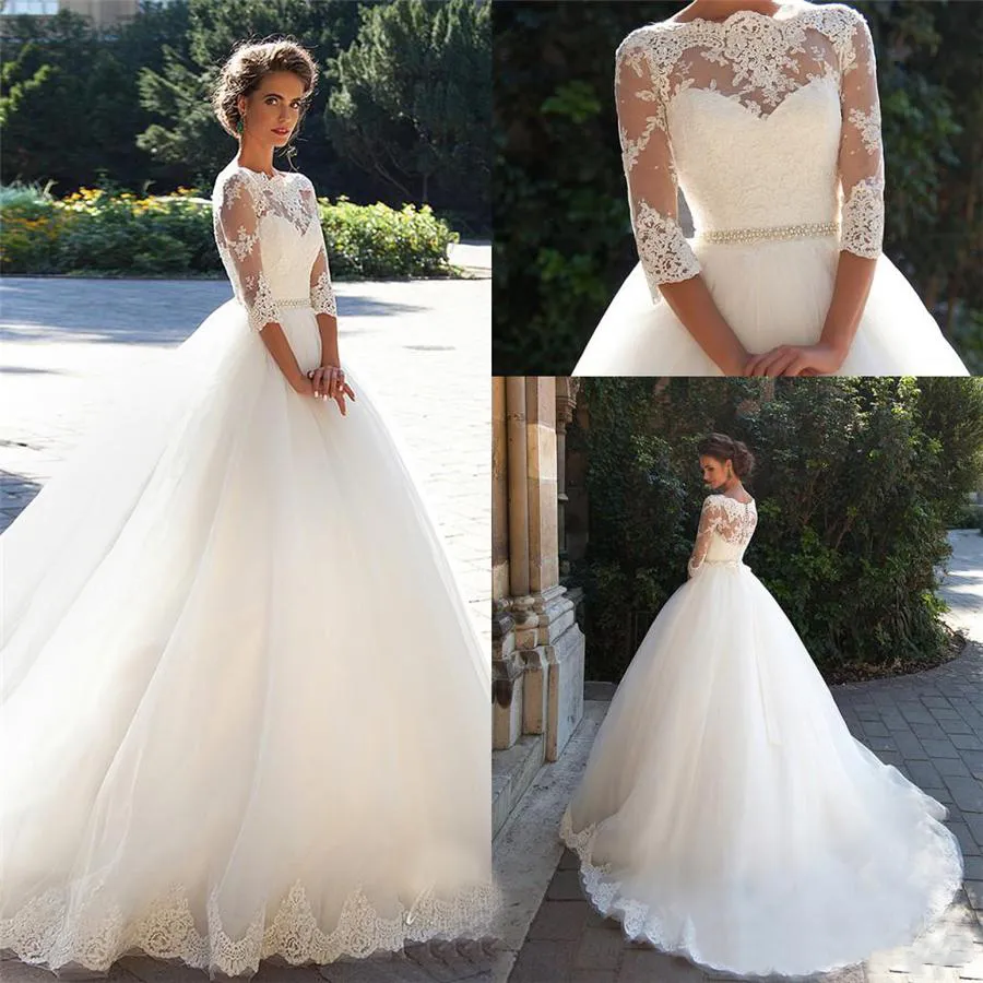 Bateau 3/4 Long Sleeves Pearls Tulle Princess Cheap Bridal Ball Gowns Plus Size Country Vintage Lace Millanova 2020 Wedding Dresses