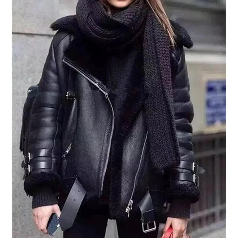 Veste Femme Cuir Faux Hiver Femme Grande Taille Veste Peau de Mouton Shearling Manteau Fourrure d Agneau Bomber Noir
