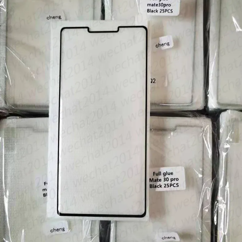 500 pcs Cola completa Vidro temperado com protetor de furo de impressão digital para Huawei P30 P40 P50 Pro Mate 20 30 40 5G