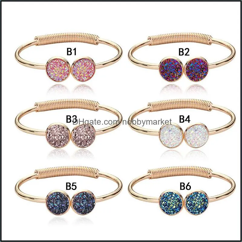 Top quality Druzy Cuff Bangles Round Natural Geode Stone Rhinestone Pave drusy charm Expandable wire bracelets For women Fashion