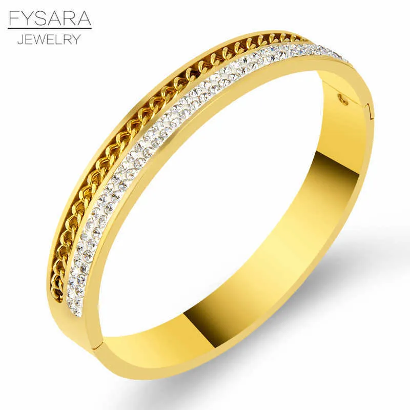 Fysara Zircon Kristaller Bangle Bröllop Bridal Rhinestone Flat Chain Armband Kvinnor Guld Pulseiras Rostfritt Stål Bröllop Jewery Q0717