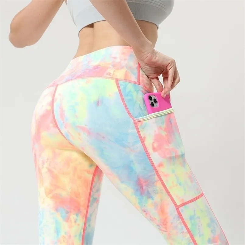 Pocket Tie Dye Leggings Dames Hoge Taille Gym Leggings Sport Fitness Push Up Broek Training Running Leggins 211014