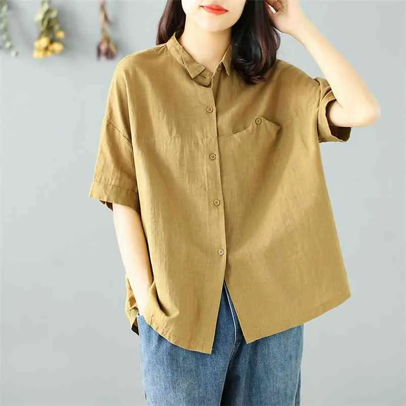 Summer Arts Style Women Short Sleeve Loose Shirts All-matched Casual Turn-down Collar Cotton Linen Blouses Plus Size M48 210512