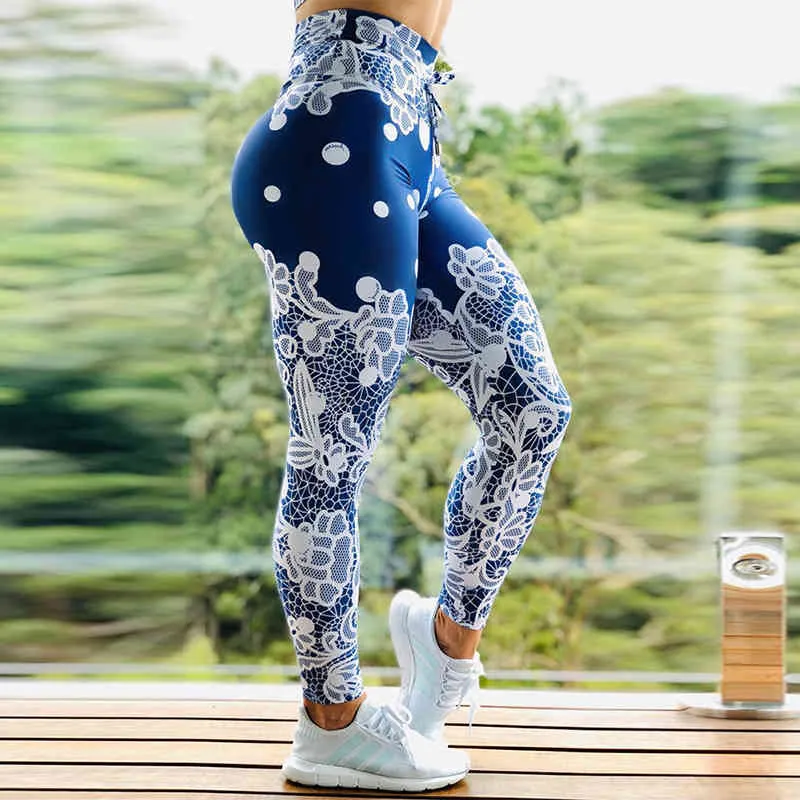 Pantaloni sportivi per il controllo della pancia con stampa a pois con toppe in pizzo all'uncinetto Leggings fitness traspiranti elasticizzati femminili 210521