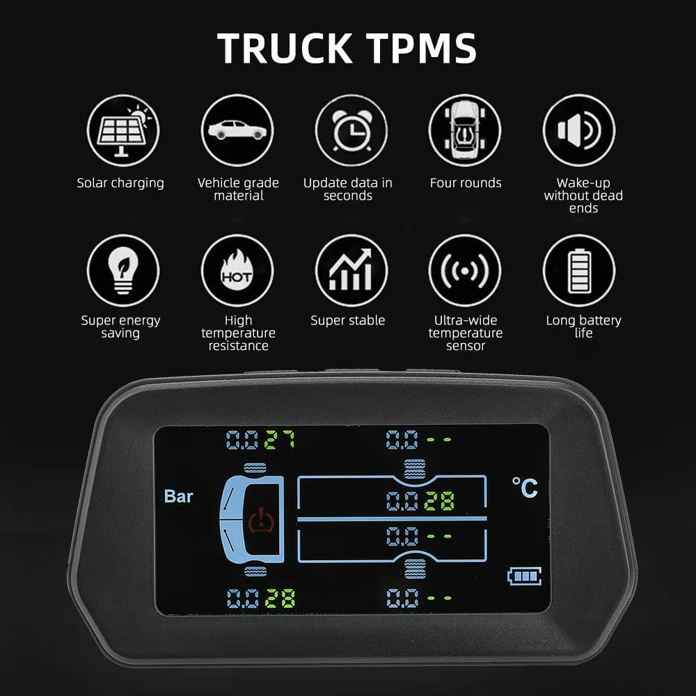 Smart Solar Car TPMS Monitor della pressione dei pneumatici per furgoni leggeri Allarme pneumatici per camion pesanti con 6 sensori esterni Auto Security244M