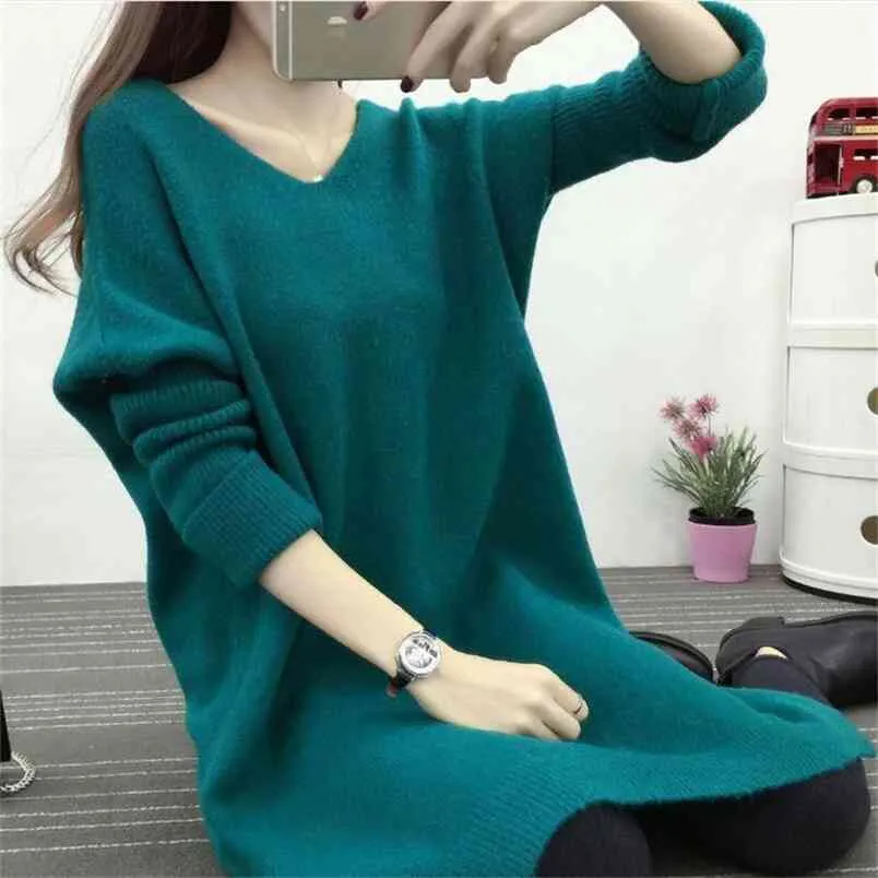 Höst och vinter Hooded V-hals Long Solid Sweater Korean Women's Loose Long-Sleeved Shirt 210427