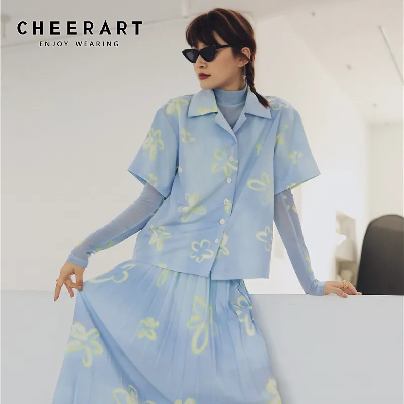 Небесно-голубое лето женские рубашки блузки с коротким рукавом кнопка рубашки дизайнерские вершины и мода одежда 210427