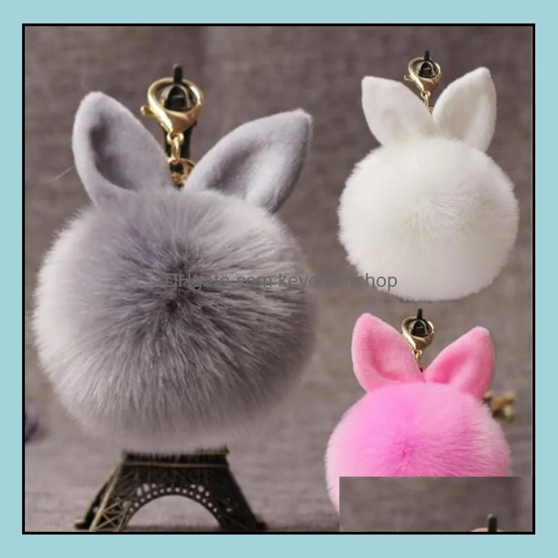 Cute fluffy fur ball keychains rabbit ear ball pendant for purse Phone bunny plush key chain Keyring ornaments hair ball keychain