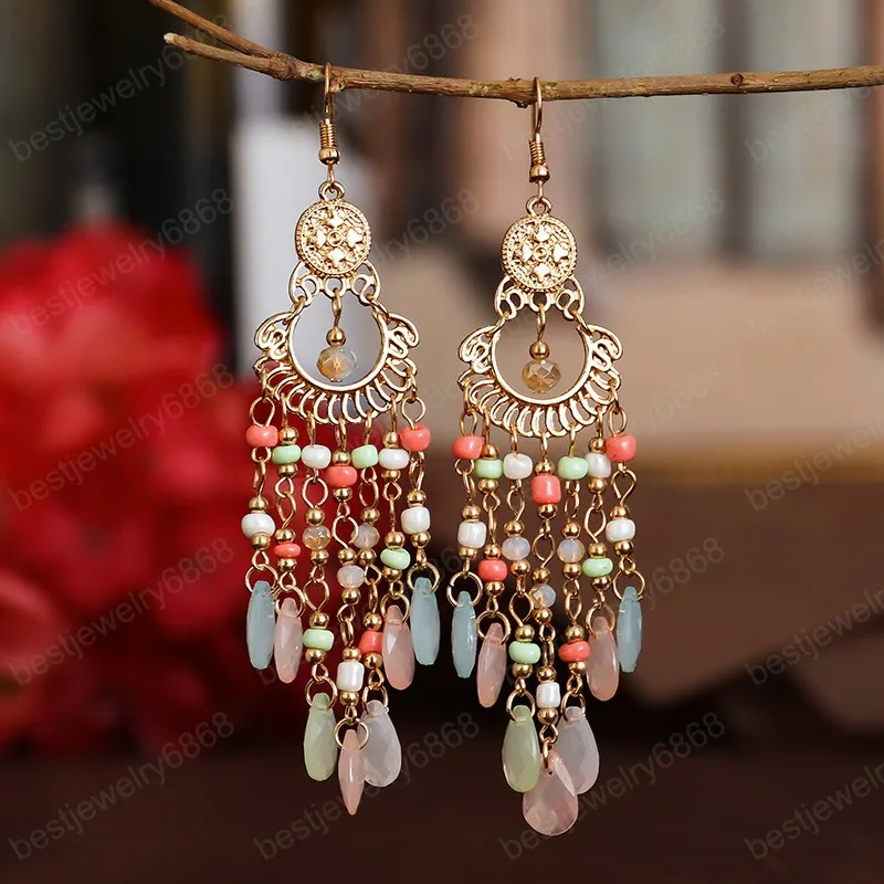 Mode Boheemse Lange Dangle Oorbellen Vrouwen Vakantie Zomer Ventilator Vormige Rode Kristal Bead Tassel Wedding Earring Indian Jewelry