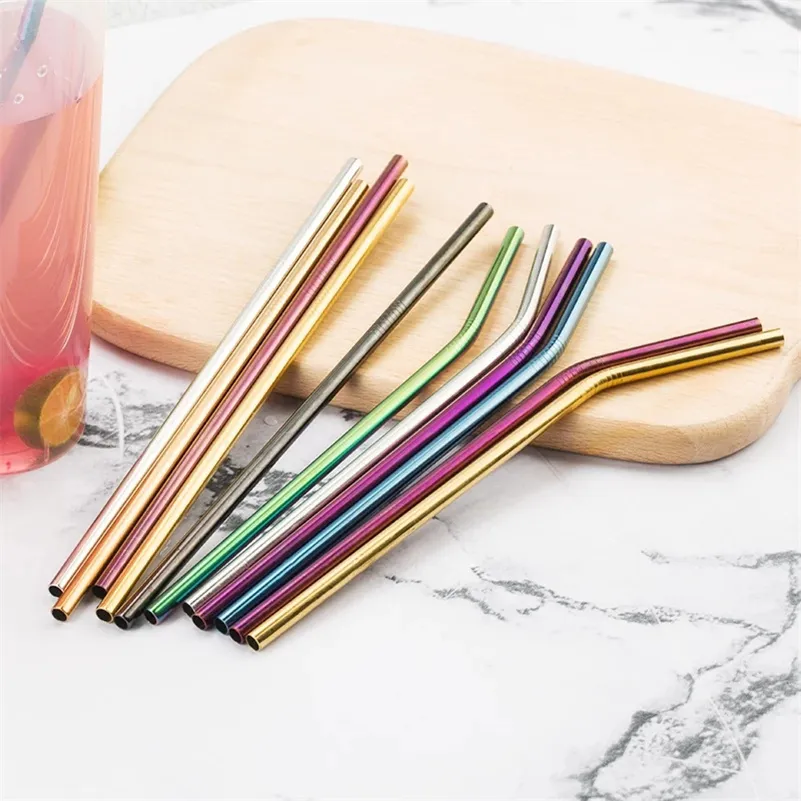 6*266mm Colorful Stainless Steel Straws Reusable Straight and Bent Metal Drinking Straw Cleaning Brush for Home Kitchen Bar