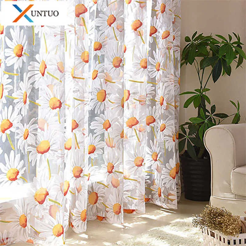 XUNTUO Printing Sunflower Tulle Window Curtain for Living Room Bedroom Kitchen Window Treatment Sheer Voile Curtain Drape Blind 210712