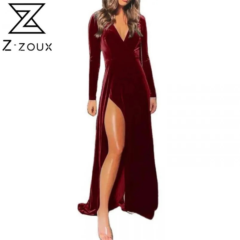 Women Dress Temperament Velvet Party es Deep V Neck Long Sleeve Split Maxi Plus Size Sexy Ladies es 210513