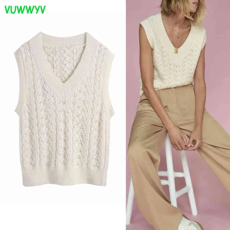 Vuwwyv Biały Kabel Dzianiny Kamizelka Kamizelka Kobieta Swetry Vintage Faux Pearl Krótki sweter Kobiety wiosna Crop Top Kobieta 210430